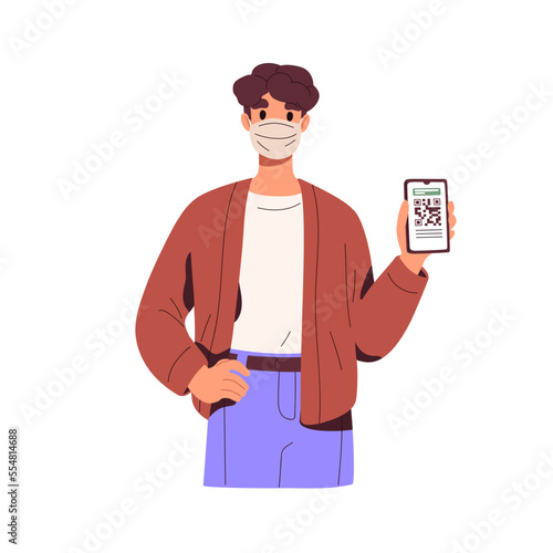 Man in mask with digital covid-19 vaccine certificate, QR code on smartphone ...