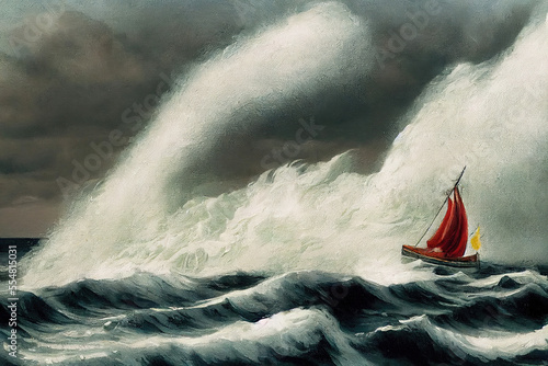 Painting of red sailing boat at rough sea as illustration (Generative AI)