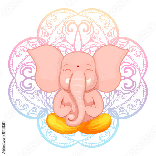 Ganesha god cute character lotus pose, meditation in cartoon style with mandala background. Idol, spiritual statue.