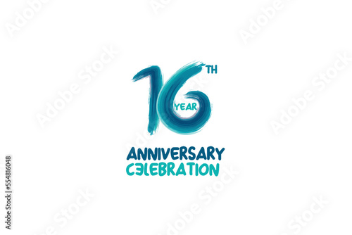 16th, 16 years, 16 year anniversary celebration fun style logotype. anniversary white logo with green blue color isolated on white background, vector design for celebrating event