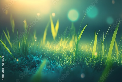Abstract spring background or summer background with fresh foggy grass in the morning sun light. Summer grass background.