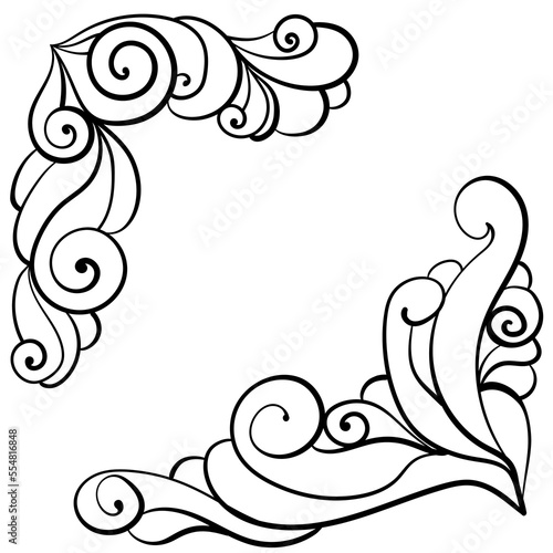 Ornate doodle corners with spiral patterns and smooth lines for design, fancy outline frames