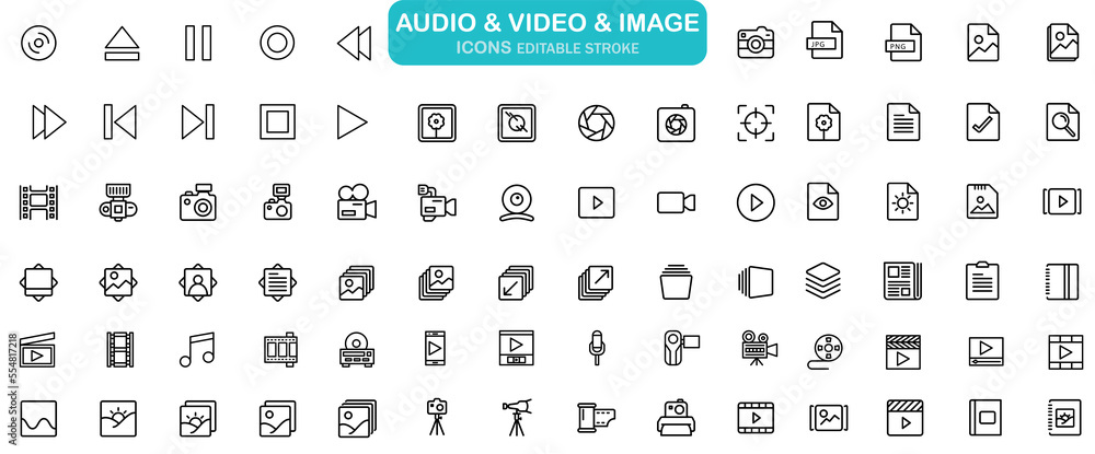 Audio Video Image Icons Pack. Thin line icons set. Flat icon collection set. Simple vector icons. Lines with editable stroke