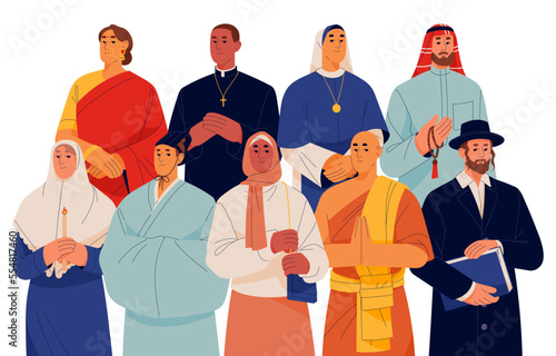 People of different religious culture. World religion diversity concept. Christian, Muslim, Buddhist, Rabbi portrait. Various holy clergy. Flat graphic vector illustration isolated on white background
