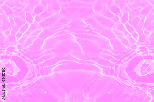 Defocus blurred transparent purple colored clear calm water surface texture with splashes and bubbles. Trendy abstract nature background. Water waves in sunlight with copy space. Pink water drop shine