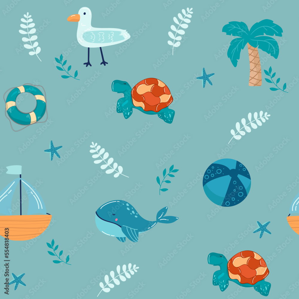Blue whale with coral in the sea Cute cartoon background seamless pattern The design used for Textile, Clothing Pattern, Print, Wallpaper, Vector Illustration Blue whale with coral in the sea Cute cartoon background seamless pattern The design used for Textile, Clothing Pattern, Print, Wallpaper, Vector Illustration