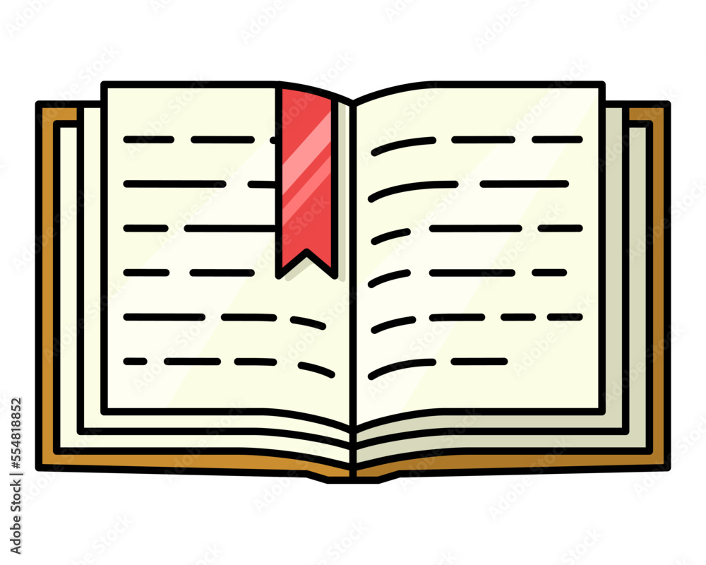 Book. Minimalistic icon in cartoon style. Vector flat illustration of an open book with a bright bookmark between the pages. Acquisition of knowledge in school. Education, fiction. Book. Minimalistic icon in cartoon style. Vector flat illustration of an open book with a bright bookmark between the pages. Acquisition of knowledge in school. Education, fiction.