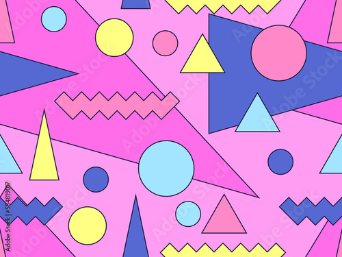 Memphis seamless pattern with geometric shapes in 80s style.