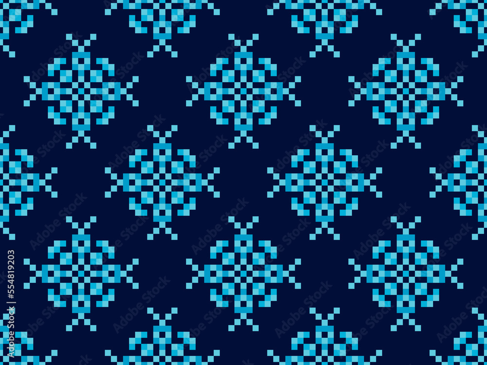 Pixel snowflakes seamless pattern. Christmas winter background in pixel art style. 8 bit graphics in the style of video games of the 80s. Vector illustration