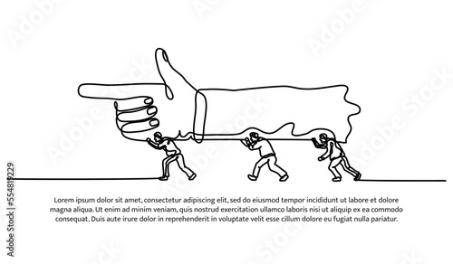 Continuous line design of team members working together raising hands following directions. Teamwork and leadership design concept. Decorative elements drawn on a white background.