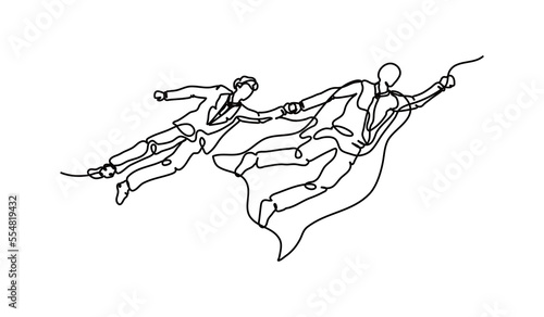 Flying superhero continuous line design attracts people. Leadership concept design. Decorative elements drawn on a white background.