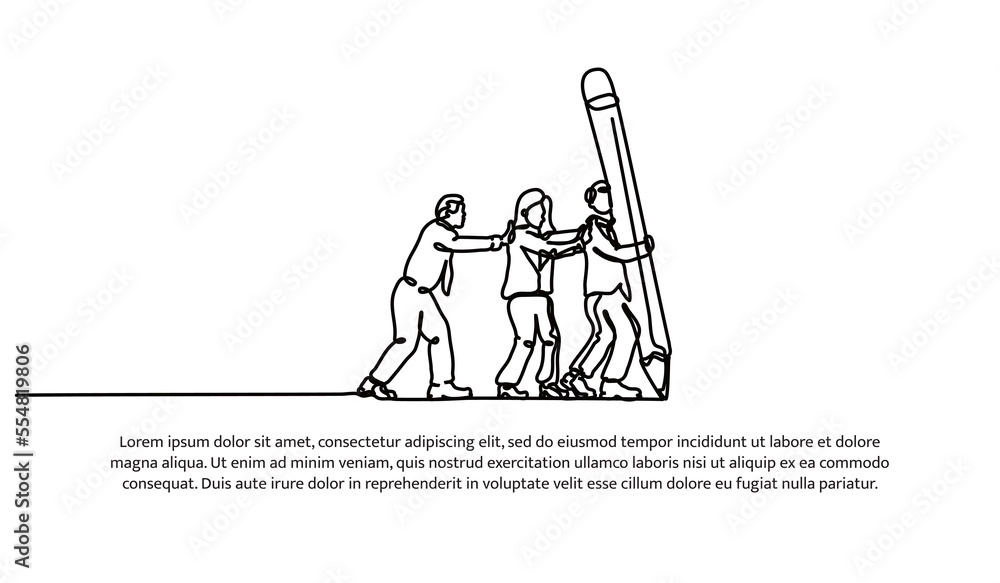 Continuous line design of team members pushing pencil. Teamwork and leadership design concept. Decorative elements drawn on a white background. Continuous line design of team members pushing pencil. Teamwork and leadership design concept. Decorative elements drawn on a white background.