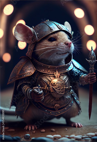 A mouse dressed in a costume with a helmet and armor