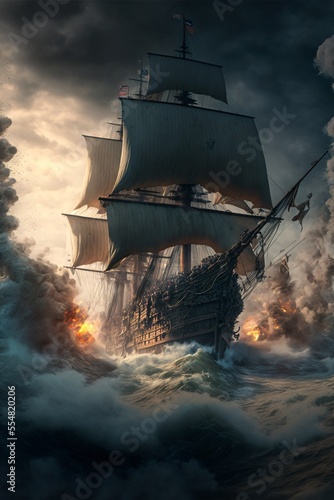 pirate ship fighting scene, fire canons ahead, disaster,generative ai photo