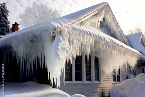 Canvas-taulu Snow-covered house and huge white icicle on house on edge of roof