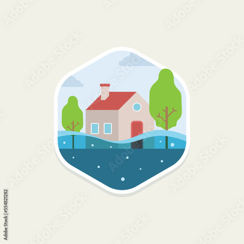 Flood disaster flat vector illustration. Tropical disaster and a sign of catastrophe and warning