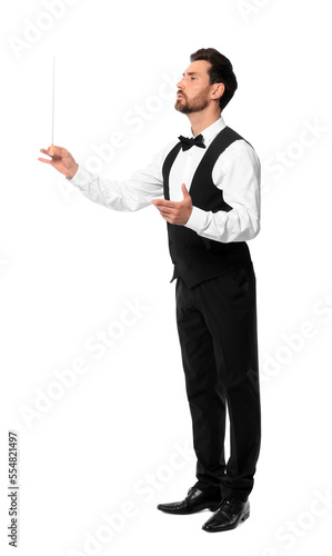 Professional conductor with baton on white background