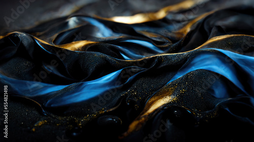 Abstract wavy blue wallpaper. Waves background with curvy golden shiny details . Generative AI background with bluish colors