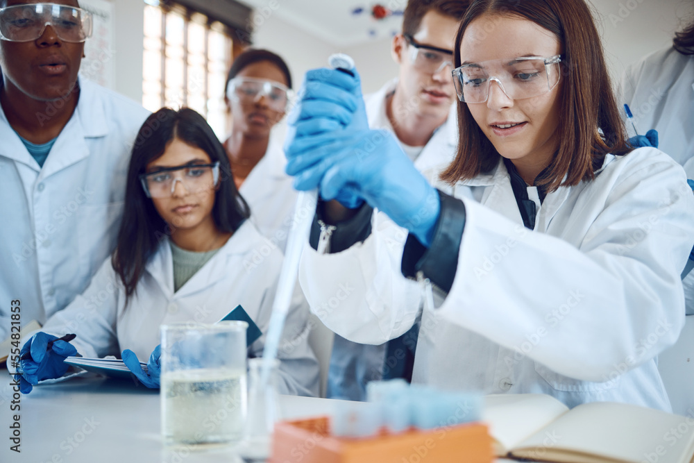 Science research, students and scientist lab for medical innovation, education or knowledge of a group together for learning and analytics . Men and women with scientific chemical for healthcare cure Science research, students and scientist lab for medical innovation, education or knowledge of a group together for learning and analytics . Men and women with scientific chemical for healthcare cure