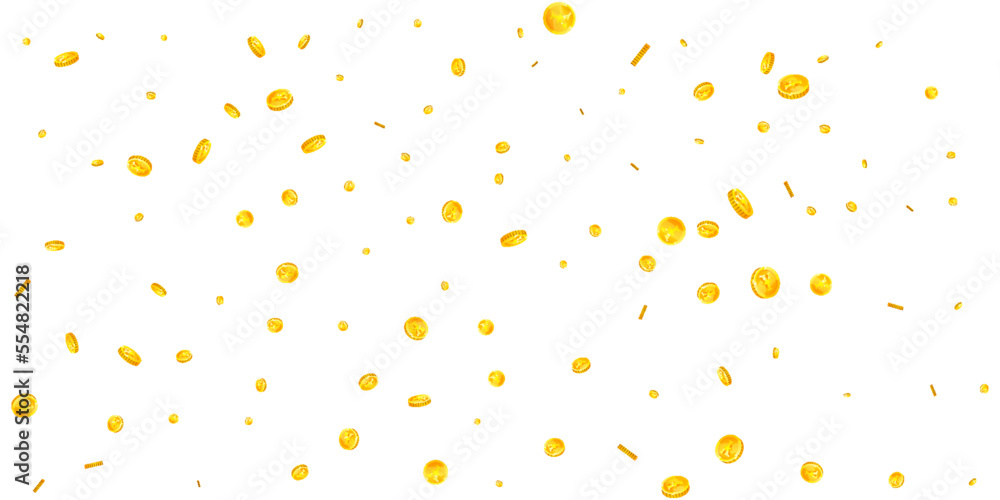 Japanese yen coins falling. Scattered gold JPY Japanese yen coins falling. Scattered gold JPY