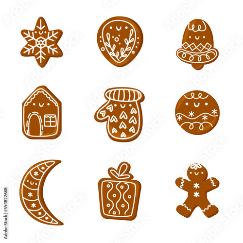 Various tasty gingerbread cookies. Different shapes of sweets. Vector illustration
