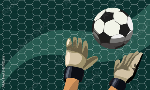 The ball flies into the goal. Gloves catch the ball. The grid is white on a blue background. Football game and goal. The topic of football. The movement of the ball along the line. Print banner, flyer