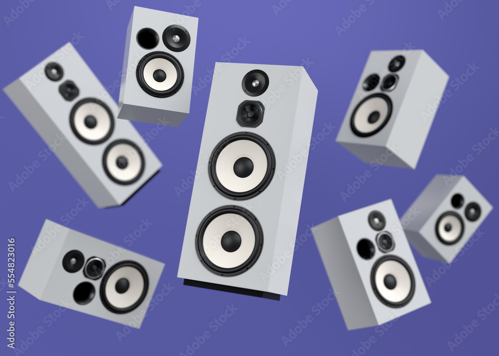 Set of Hi-fi speakers with loudspeakers for sound recording studio on violet Set of Hi-fi speakers with loudspeakers for sound recording studio on violet