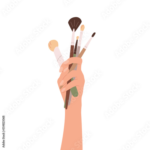 Set of brushes for make up. Flat vector illustration of makeup artist hand holding collection of cosmetic accessory for woman face painting. Brush for eyeshadow, brows, blush