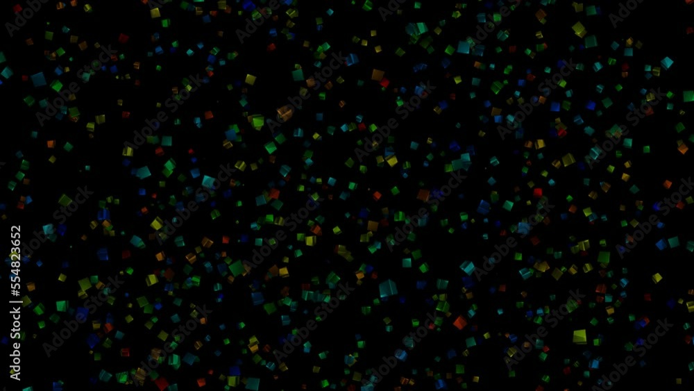 Volumetric 3d colored cubes fly in space on black background with Alpha Channel. Abstract festive background for advertising, congratulations, text. Scientific concept. 3D animation Volumetric 3d colored cubes fly in space on black background with Alpha Channel. Abstract festive background for advertising, congratulations, text. Scientific concept. 3D animation