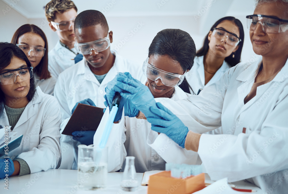 Scientist, teacher or learning students and dropper in healthcare study, medical research or future medicine study. Smile, happy men or women in science laboratory and university education professor Scientist, teacher or learning students and dropper in healthcare study, medical research or future medicine study. Smile, happy men or women in science laboratory and university education professor