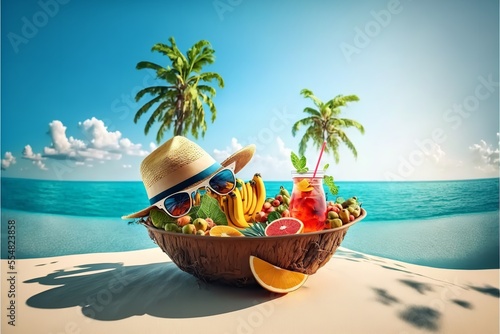 Summer beach with sunbathing accessories. Summer beach with sunglass, fruits, cap, island.