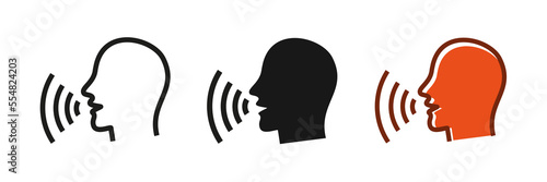 Talking human side profile icons. sound waves. Voice recognition, singing, Voice control, noise concept. Conversion icon. Podcast icon. Vector illustration.
