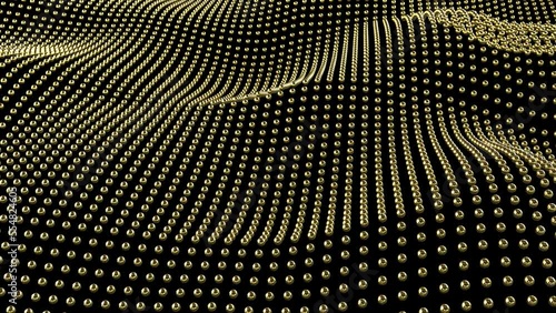 3D animation of a golden spheres moving in a cloth-like manner