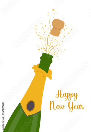 A champagne bottle explosion isolated on the white backround. New Year's Eve Celebration. Flat vector illustration
