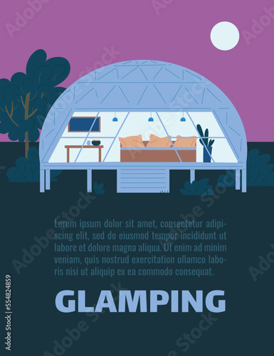 Overnight stay and rest in glamping for tourists camping in nature, flat vector.