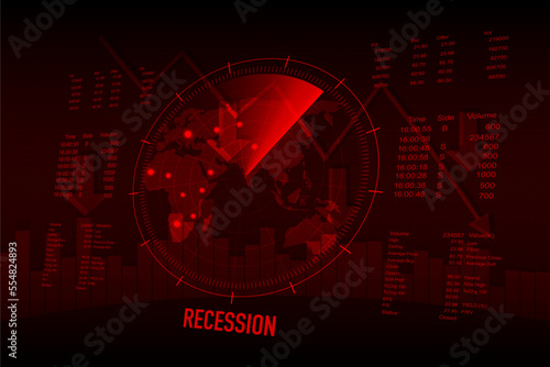 Recession 2023. Radar display of graphs and stock market slump showing global economic crisis in 2023. Effects of inflation, war, epidemic. Vector EPS10