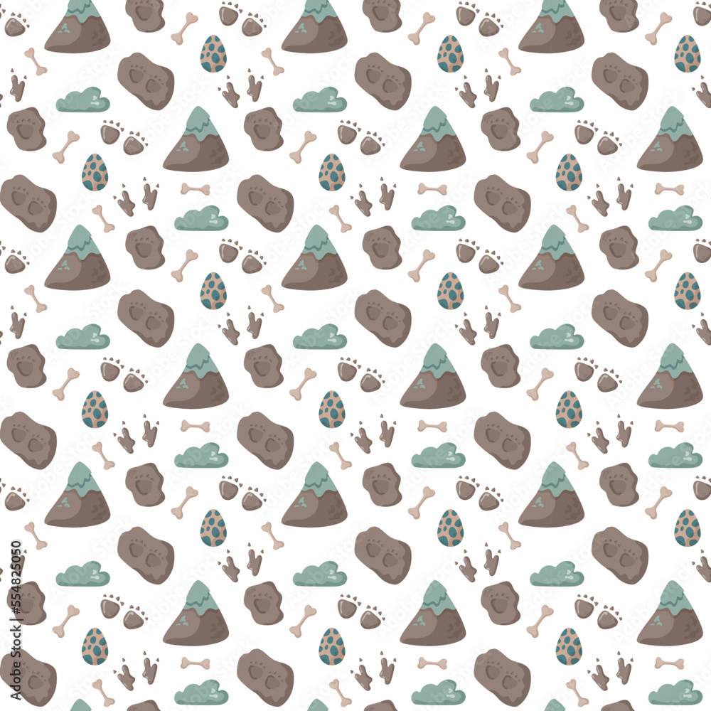 Dinosaur seamless pattern footprint tracks. Minimal color background with paw, stones, rainbow. Dinosaur footprint seamless pattern perfect for textile, wrap and wallpaper and design.