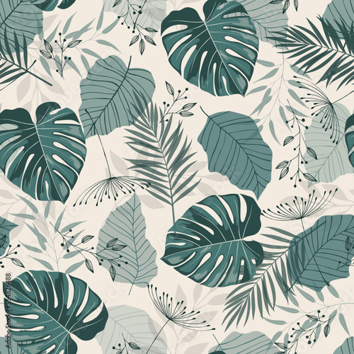 Fototapeta Naklejka Na Ścianę i Meble -  Green tropical palm leaves seamless vector pattern on the white background. Trendy summer print.