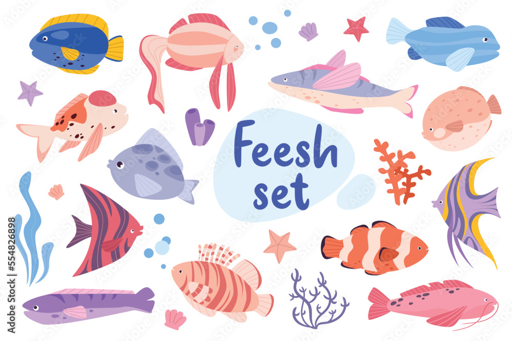 Fish isolated elements set in flat design. Bundle of colorful fishes in different types, starfishes and seaweeds. Cute seabed sea and ocean creatures and marine underwater plants. Vector illustration. Fish isolated elements set in flat design. Bundle of colorful fishes in different types, starfishes and seaweeds. Cute seabed sea and ocean creatures and marine underwater plants. Vector illustration.