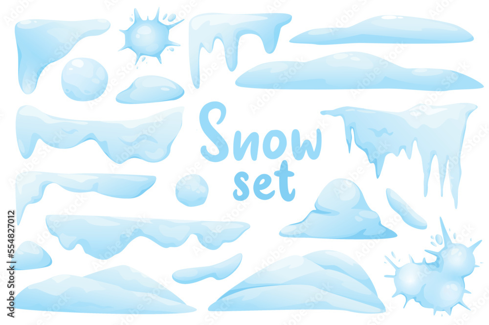 Fototapeta premium Snow isolated elements set in flat design. Bundle of different shapes and borders of snow caps with icicles, snowballs and snow spots and snowdrift pile in white and blue colors. Vector illustration.
