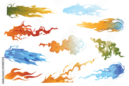 Energy shot effects isolated elements set in flat design. Bundle of comic style explosions with smokes and flows, futuristic plasmic gun effects, sci fi speed and motion shapes. Vector illustration.