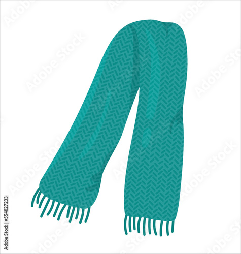 Vector illustration green knitted textured cartoon scarf isolated on white background. Winter scarf 