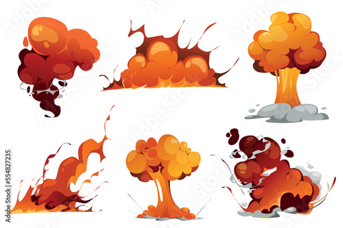 Bomb explosion isolated elements set in flat design. Bundle of comic style dynamite detonation with flame and dust clouds and dangerous explosive blast of atomic bombs shapes. Vector illustration.