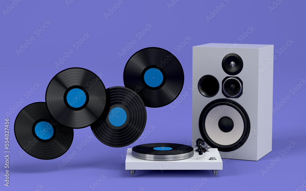 Set of Hi-fi speakers and DJ turntable for sound recording studio on violet Set of Hi-fi speakers and DJ turntable for sound recording studio on violet