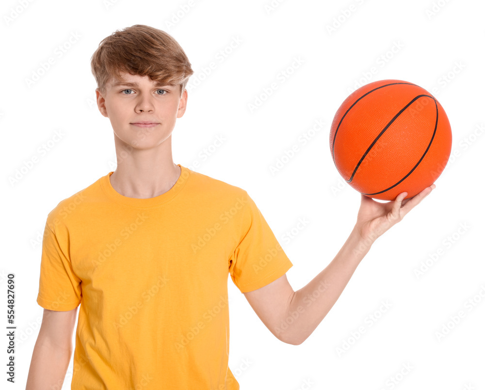 Teenage boy with basketball ball on white background