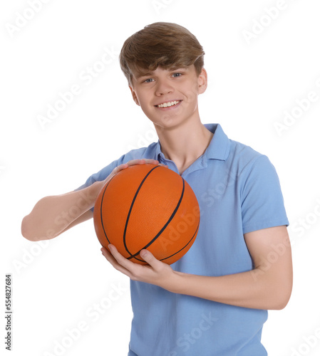 Teenage boy with basketball ball on white background © New Africa