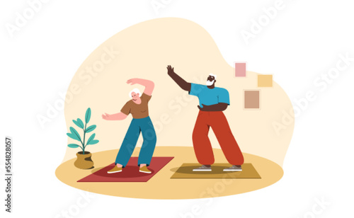 Cartoon happy senior man and woman doing yoga, tai chi exercises or qigong for healthy flexible body. Aged people recreation and hobby. Elderly characters do physical activities together at home.