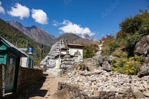 mani stone walls along the trail in the Everest Region of Nepal.