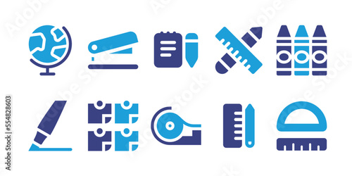 Stationery icon set. Vector illustration. Containing stapler, pen, stamp, sticky, note, scotch, tape, glue, pencil, sharpener, holder, stationery