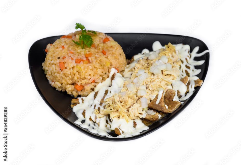 Chilaquiles with rice Mexican sauces chili peppers and cherry tomatoes top view isolated on white background Chilaquiles with rice Mexican sauces chili peppers and cherry tomatoes top view isolated on white background